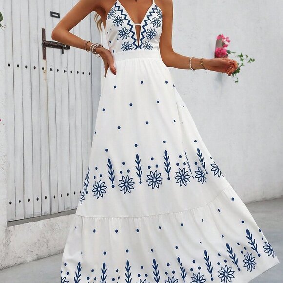 Multicolor Boho Women's Printed Cami Maxi Dress Hawaiian Style - Picture 3 of 6